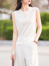 夏季新款精纺细支竹节麻女圆领针织衫宽松短款无袖背心薄款打底衫，女装针织衫/毛衣，鹿一羊绒