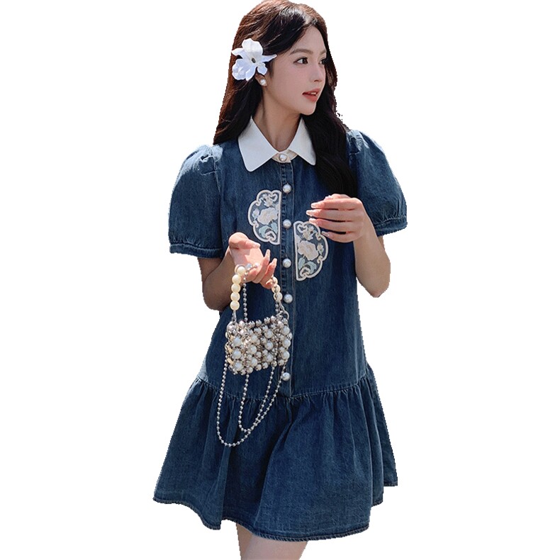 蓝色风牛仔连衣裙女夏2025新款宽松时尚复古刺綉裙子年轻,女装连衣裙,红龙果