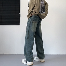 复古水洗做旧牛仔裤男口袋拉链宽松直筒牛仔裤N2346-P48，男装牛仔裤，星座1001-1