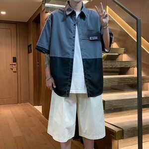 衬衫短袖男士夏季薄款休闲港风五分半袖衬衣宽松寸衣工装外套图片