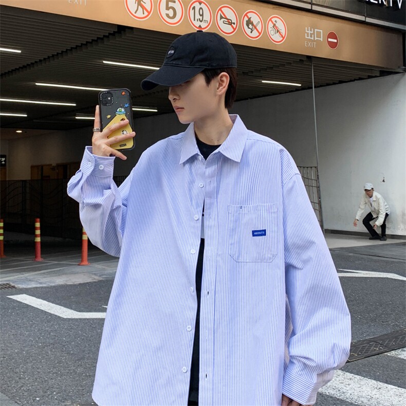 A984-P38小清新百搭条纹长袖衬衫男士日系潮牌ins宽松衬衣外套,男装衬衫,星座512-6