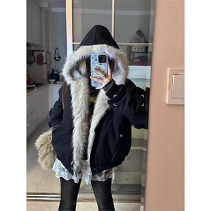 现货高品质美式高街冬季重磅硬挺短款座山雕毛领棉衣男女加厚外套图片