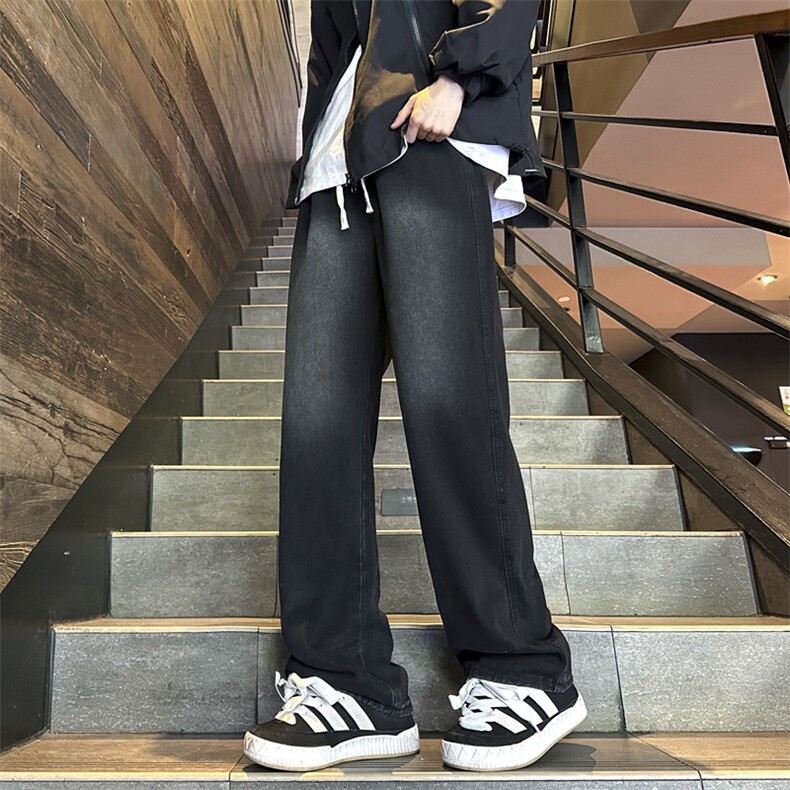 松紧腰美式高街直筒宽松牛仔裤男女水洗拼接休闲潮流系绳裤子,男装牛仔裤,星座410-7