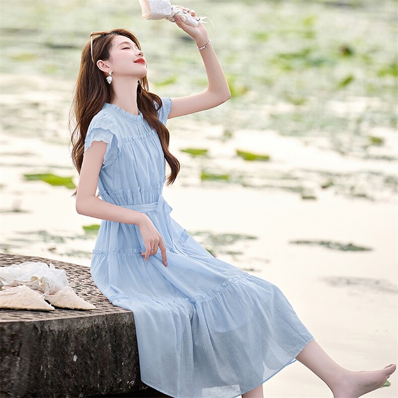 现货新款女2025夏季新款木耳边小飞袖清凉休闲宽松连衣裙送腰带,女装连衣裙,美静678