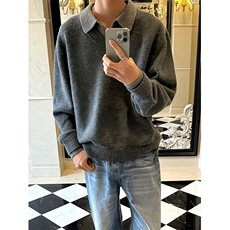 重磅北极绒假两件衬衫领毛衣美式高街复古休闲慵懒纯色翻领针织衫，男装针织衫/毛衣，电商A486-1