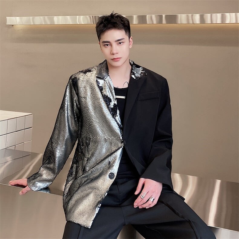 春季新款休闲宽松亮片拼接撞色西服外套上衣男潮A345-1877-P145,男装西服,电商A345
