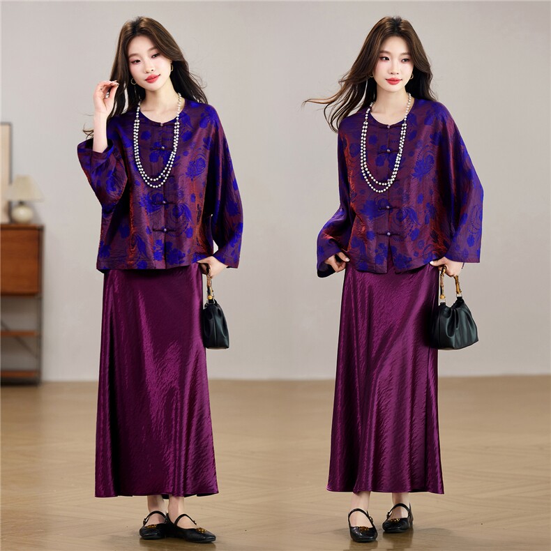 现货！春季新款新中式氛围感紫气东来气质款圆领宽松两件套装女，女装套装/套裙，央宝儿