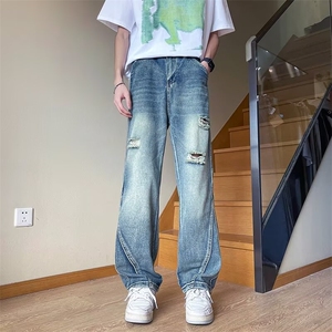 薄款水洗破洞牛仔裤男士2024新款潮牌阔腿直筒宽松长裤子7050/P48图片