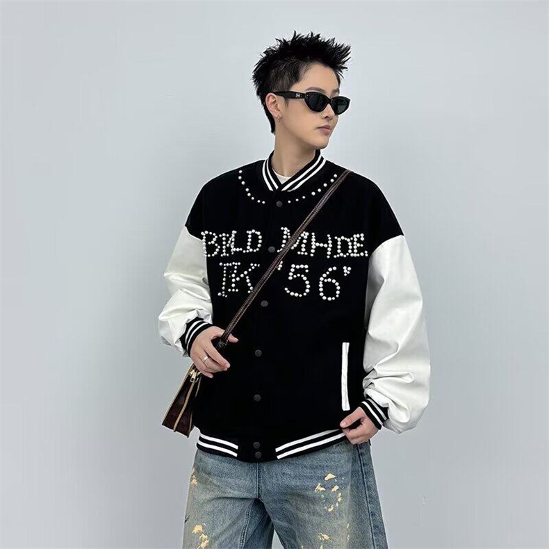 红色棒球服外套男女韩版潮流珍珠钉宽松2025春季ins夹克W6497-P73,男装夹克,星座412-3