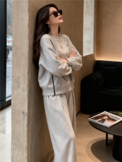 休闲运动套装女秋季新款宽松洋气减龄纯色圆领卫衣直筒长裤两件套，女装套装/套裙，江南