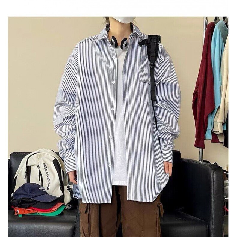 【有货】DBC02-P35日系条纹衬衫男春季情侣装宽松休闲长袖衬衣服,男装衬衫,星座603-2
