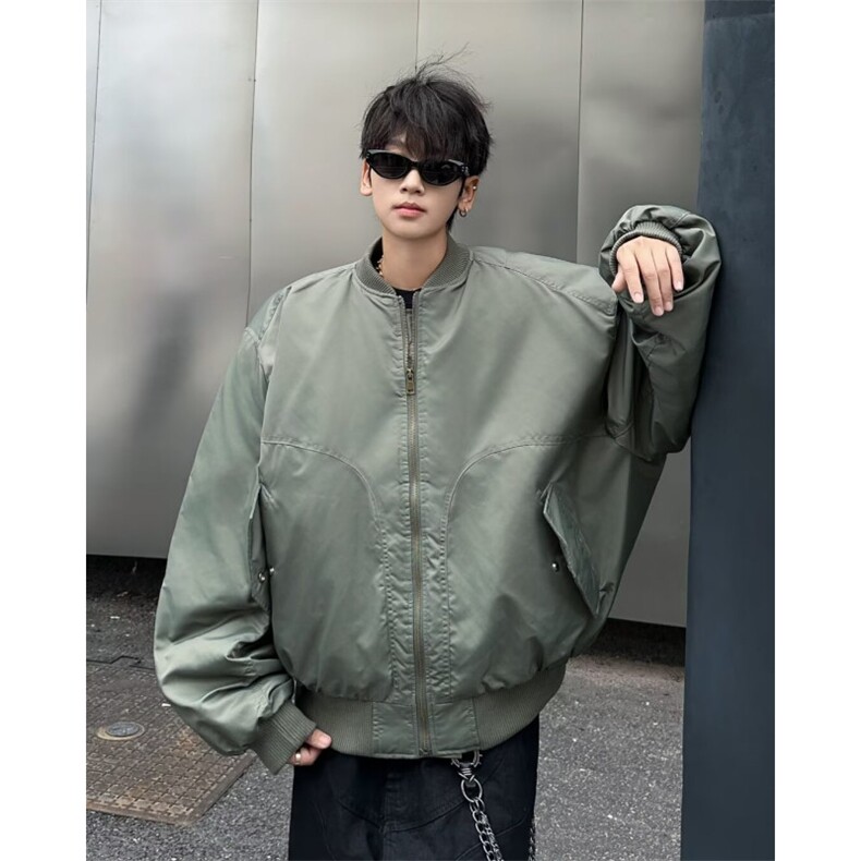 美式飞行员棉服夹克短宽廓形军绿色工装外套男秋冬棒球服,男装夹克,星座506