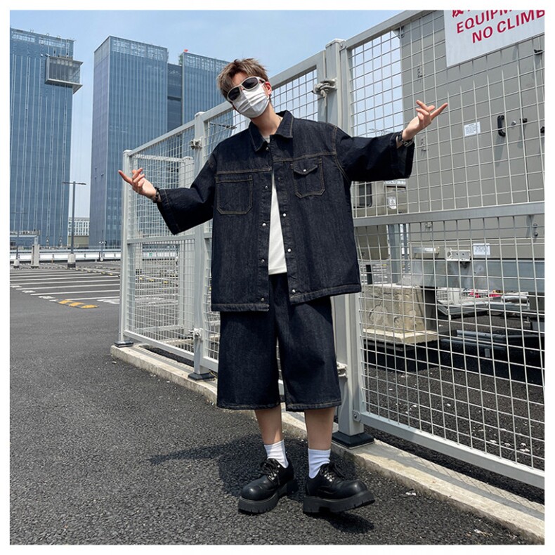韩系小众短袖牛仔衬衫套装男夏季宽松休闲潮牌衬衣外套TZ020-P110,男装衬衫,星座308B-2