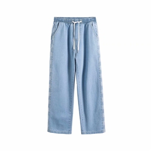 潮牌水洗复古牛仔裤男春秋侧边拼接格子阔腿宽松直筒裤Nk760-p40图片