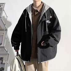 春秋款工装连帽假两件夹克潮流拼色宽松冲锋衣外套JK8310-P65，男装夹克，电商B306