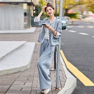 蕾丝拼接牛仔阔腿裤套装女春秋2025新款两件套独特绝美超火高级感图片