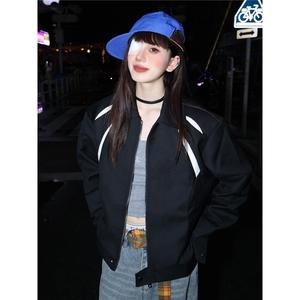 美式复古撞色拼接翻领夹克男女春秋款宽松休闲百搭情侣外套潮图片
