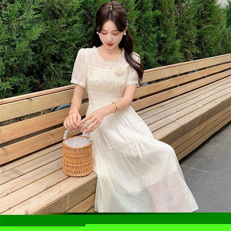多色可选新款短袖显瘦花色仙女大摆长裙,女装连衣裙,心心服饰