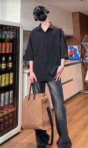 夏季冰丝短袖衬衫男女黑色宽松百搭学院风衬衣C1122-特P23