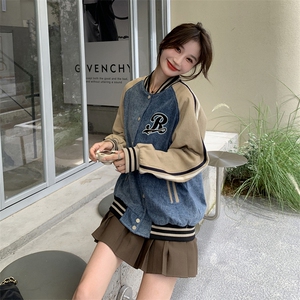 独特超好看牛仔拼接棒球服外套女春2025新款美式休闲宽松夹克上衣图片