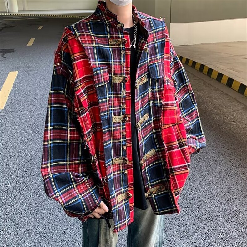 秋男结盘扣立领衬衫新中式盘扣条纹格子拼色流苏衬衣CS26P50，男装衬衫，星座1013-1