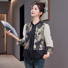 时尚女2025年早春新中式复古风印花外套洋气拼色T恤上衣，女装连衣裙，难舍钰依