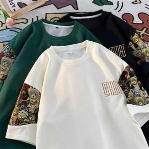 夏季男士刺绣圆领T恤拼接薄款上衣潮流小熊体恤汗衫A266-T188-P22