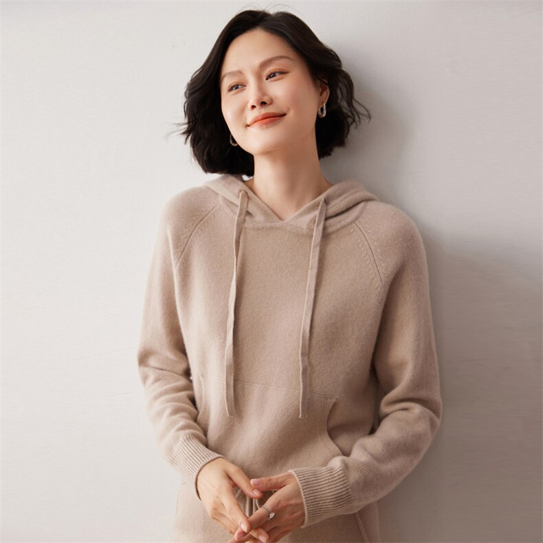 秋冬新款洋气时尚百搭显瘦女款35%山羊绒帽衫,女装羊绒衫,艾巧羊绒