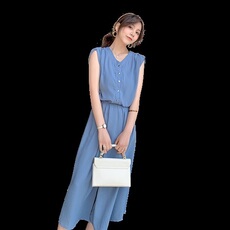 2020夏装新款蓝色无袖中长款大摆连衣裙，女装连衣裙，红依娜