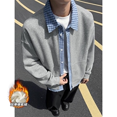 冬季450g重磅银狐绒假两件格子男卫衣外套W5436J加绒-特P55控99，女装短外套，电商A001
