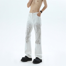 B221美式ins高街暗黑破洞喷墨弹力微喇牛仔裤LK24206-P55控78，男装牛仔裤，电商B221