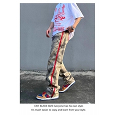 潮美式街头迷彩牛仔裤男ins潮宽松直筒hiphop拉链开叉休闲长裤，男装牛仔裤，四季星座505