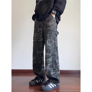 网图现货 美式宽松复古绿迷彩直筒工装裤男K1087P45图片