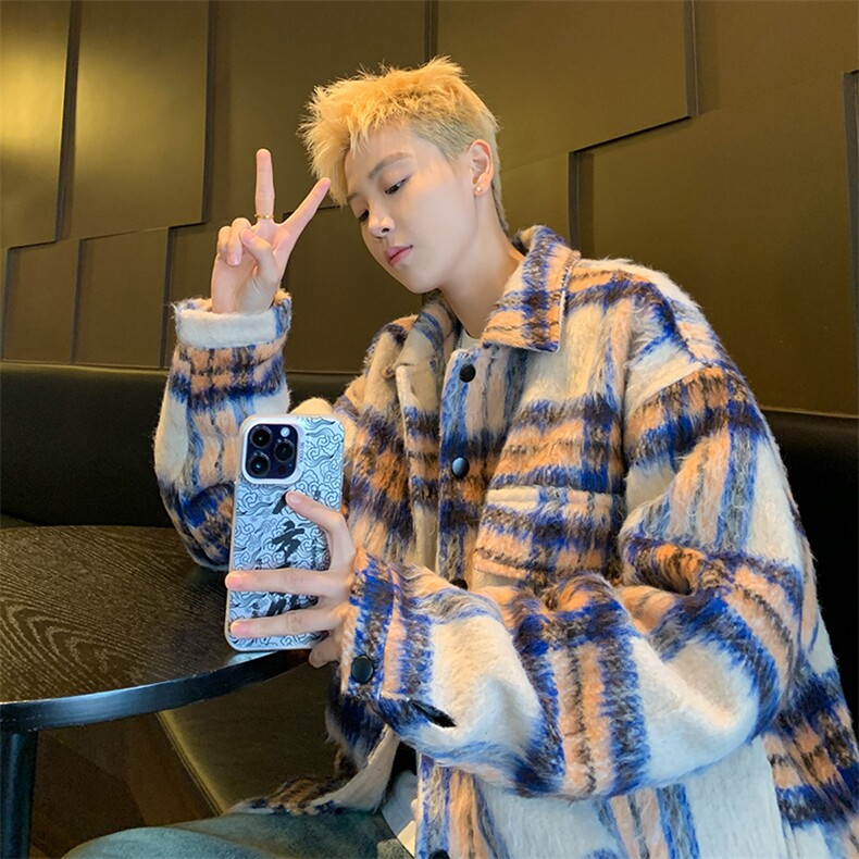 517A-8-Y75-P120现货高品质格子毛呢大衣港风夹克外套，男装毛呢大衣，星座517A-8（原B282）