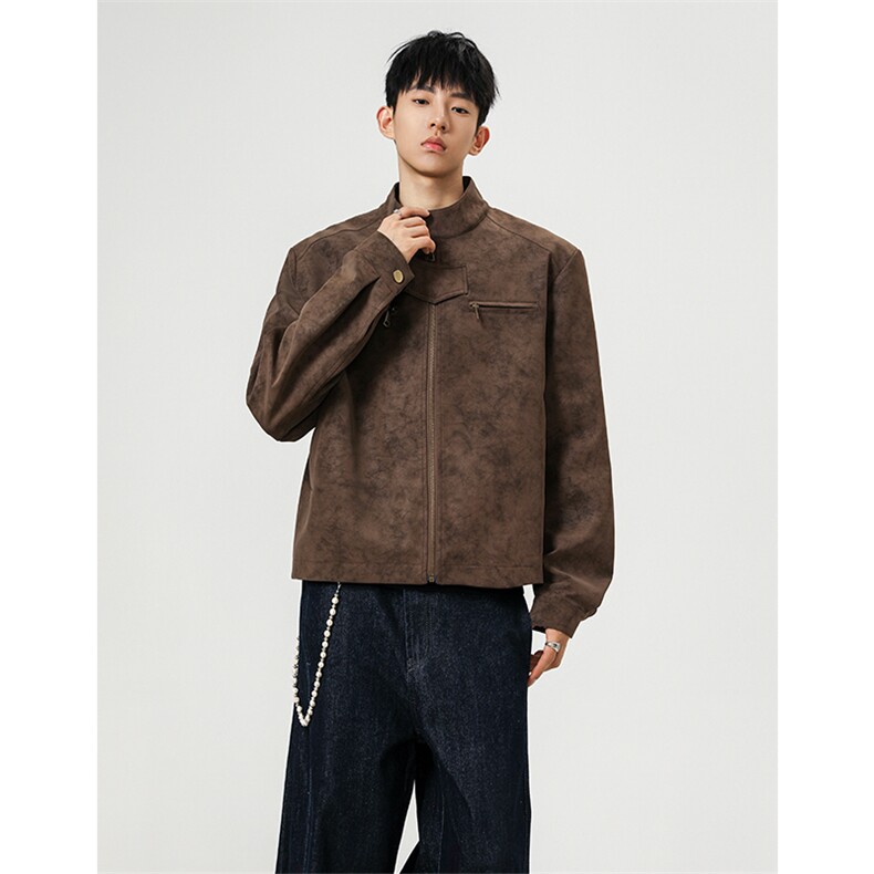 JK9922-P75控128秋季老钱风短款宽松夹克外套男潮牌扎染垫肩皮衣,男装夹克,电商A058-1（原电商C417）