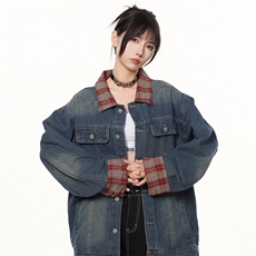 格子拼接牛仔外套男女翻领cleanfit休闲水洗夹克情侣上衣J633-p75，男装夹克，星座1008