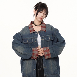 格子拼接牛仔外套男女翻领cleanfit休闲水洗夹克情侣上衣J633-p75图片