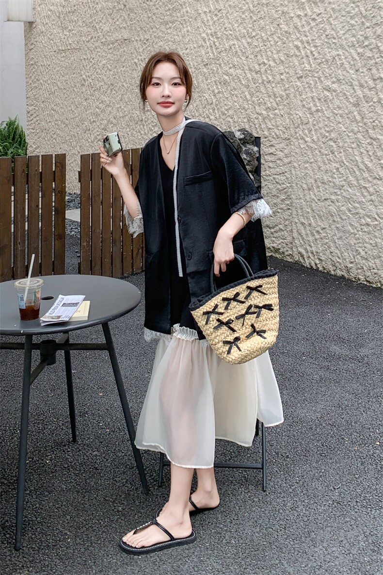 黑色贵气感穿搭套装女2025夏季新款蕾丝拼接无领西装背心裙两件套,女装套装/套裙,2D078