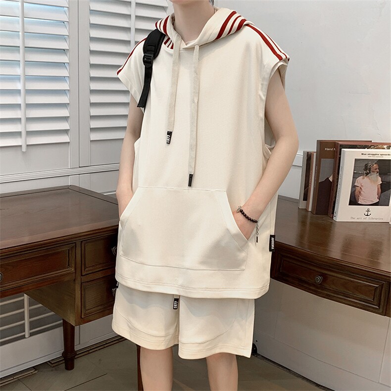 夏上新青少年百搭连帽背心套装纯色无袖T恤男女7810-P75控价108，男装背心/马甲，电商A441-1