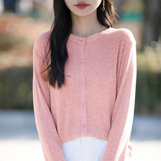 甜美风显瘦圆领针织开衫女2025春季新款减龄薄款小个子短外套上衣，女装针织衫/毛衣，佳绒包芯纱店