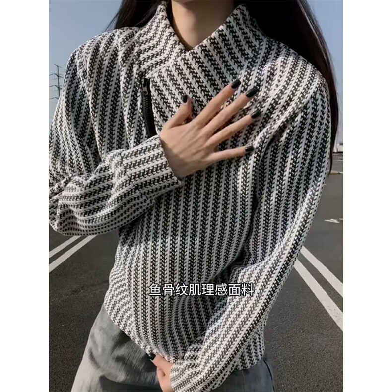 高品质春装新款老钱风美式高街鱼骨纹斜拉链解构高领卫衣长袖t恤图片