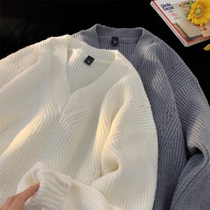 美式V领复古长袖慵懒风毛衣简约针织衫学院风百搭款HY597P55控79图片