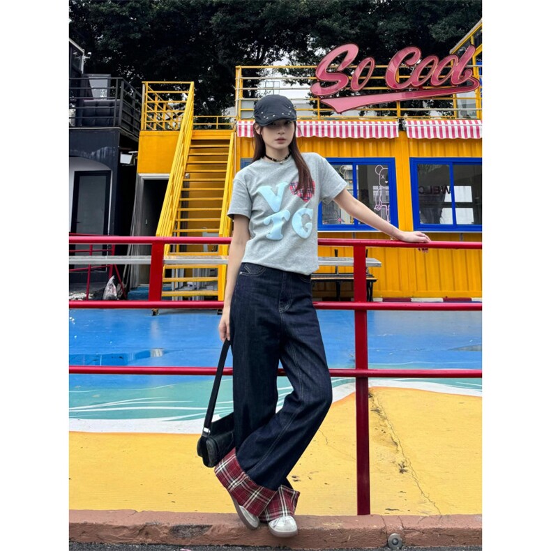 【网图有货】美式格子拼接卷边牛仔裤男女阔腿裤子NZ011CC-特P65,男装牛仔裤,星座1007（原301D）