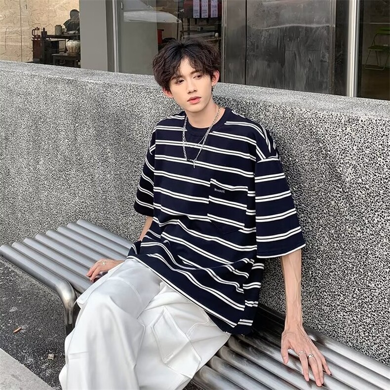 条纹短袖男夏季新款日系圆领情侣中性风上衣潮1001-1-TX66-P35,男装T恤,星座1001-1