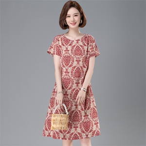 碎花民族风棉绸连衣裙女夏时尚外穿中长款到膝宽松显瘦短袖人造棉图片