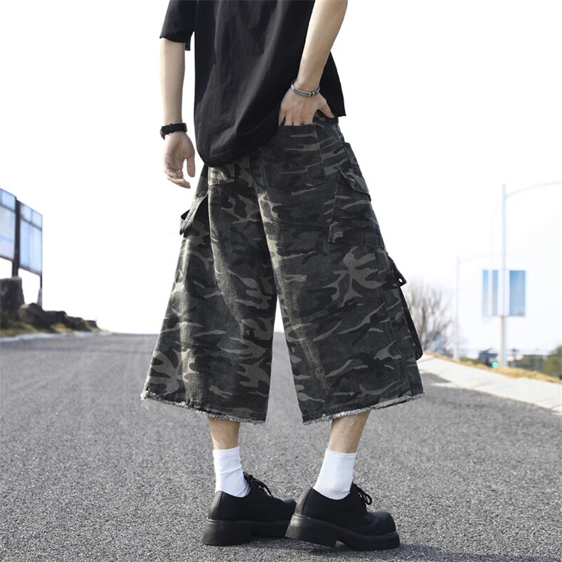 复古重磅大口袋毛边迷彩工装七分裤美式宽松直筒短裤潮DK0645-P58，男装牛仔裤，星座308B-1