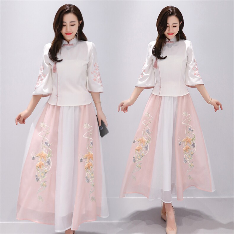 2021夏装新款文艺复古绣花两件套裙中国风改良旗袍款套装女，女装套装/套裙，芷墨服饰