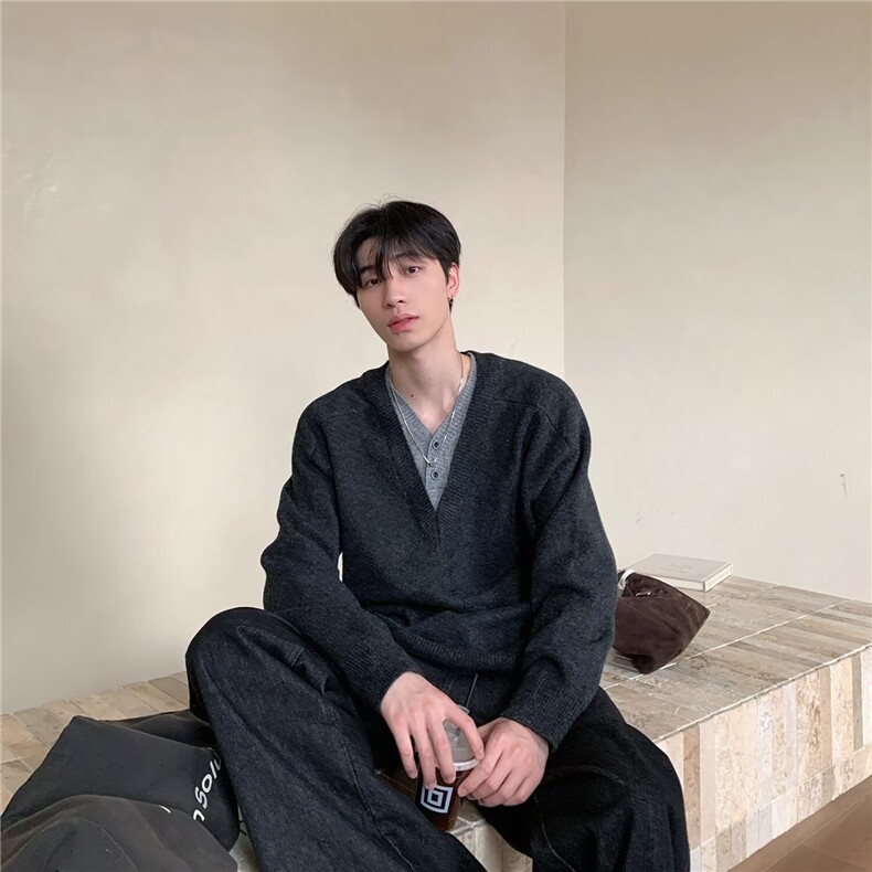 2025日系复古拼接假两件针织毛衣衫男女潮休闲V领上衣V30-P59网图,男装针织衫/毛衣,电商B245