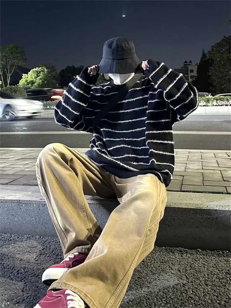 秋冬韩系慵懒风撞色条纹针织衫男女宽松情侣款Z8822-P50,男装针织衫/毛衣,星座1109-3