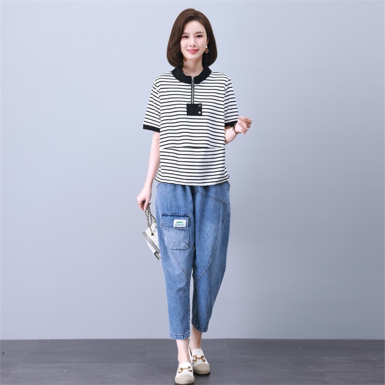 夏季T恤套装女2024年新款中年妈妈宽松时尚短袖休闲牛仔裤两件套,女装套装/套裙,叶笙衣